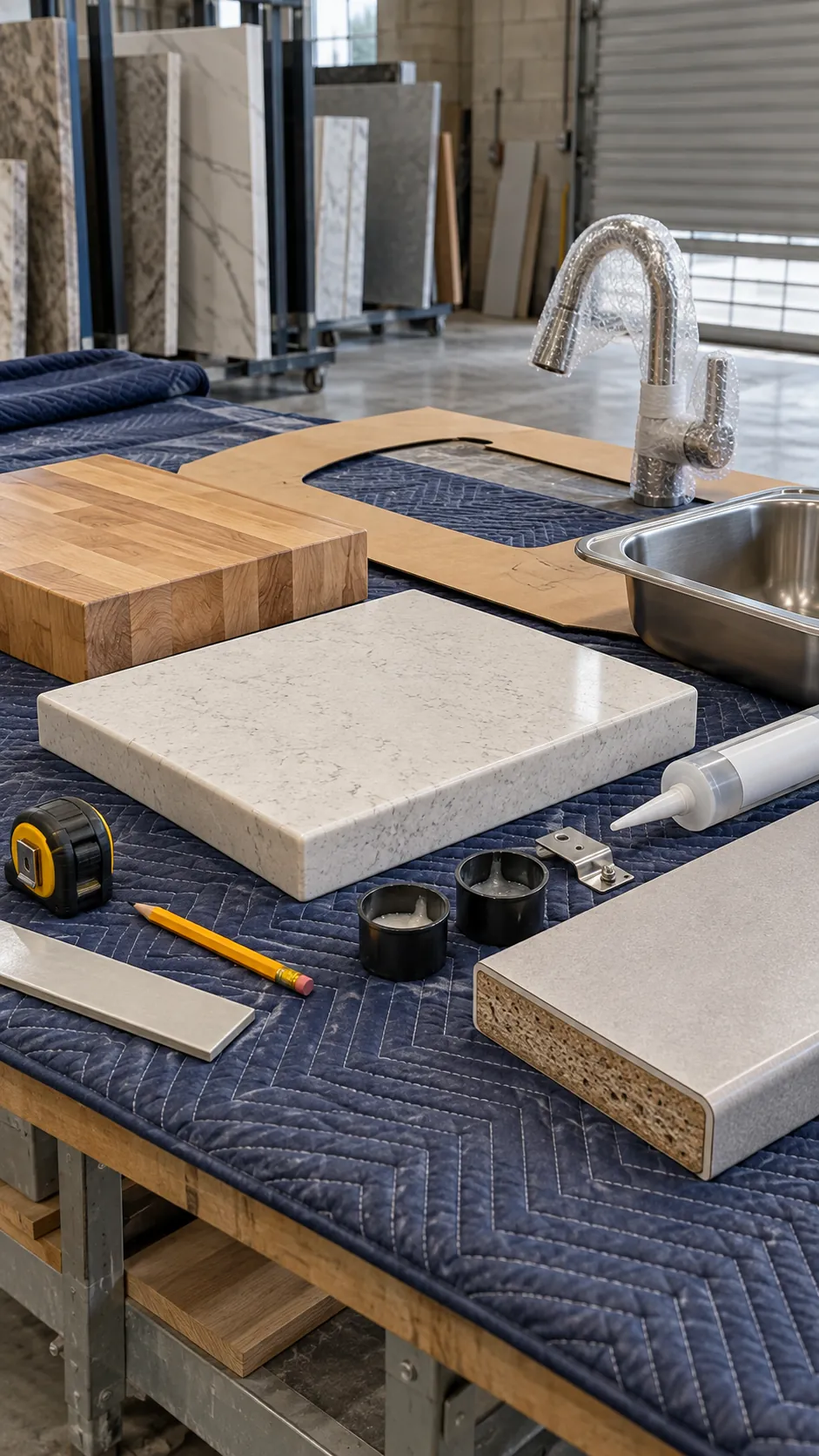 Quartz laminate and butcher block samples beside a compact kitchen plan