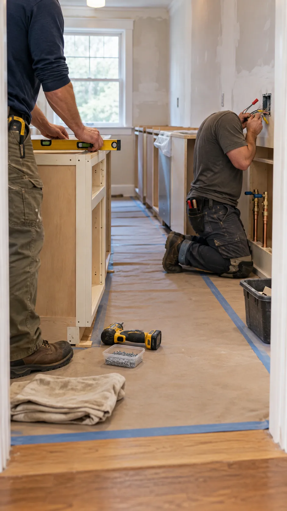 Kitchen renovation trades coordinating work in a compact room