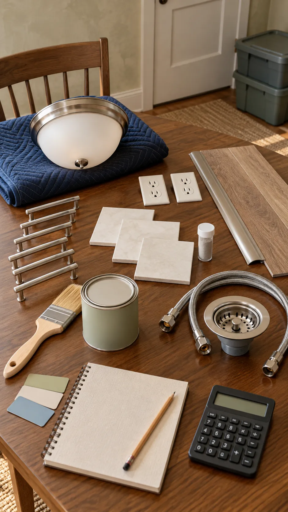 Organized kitchen remodel material samples with a detailed cost worksheet
