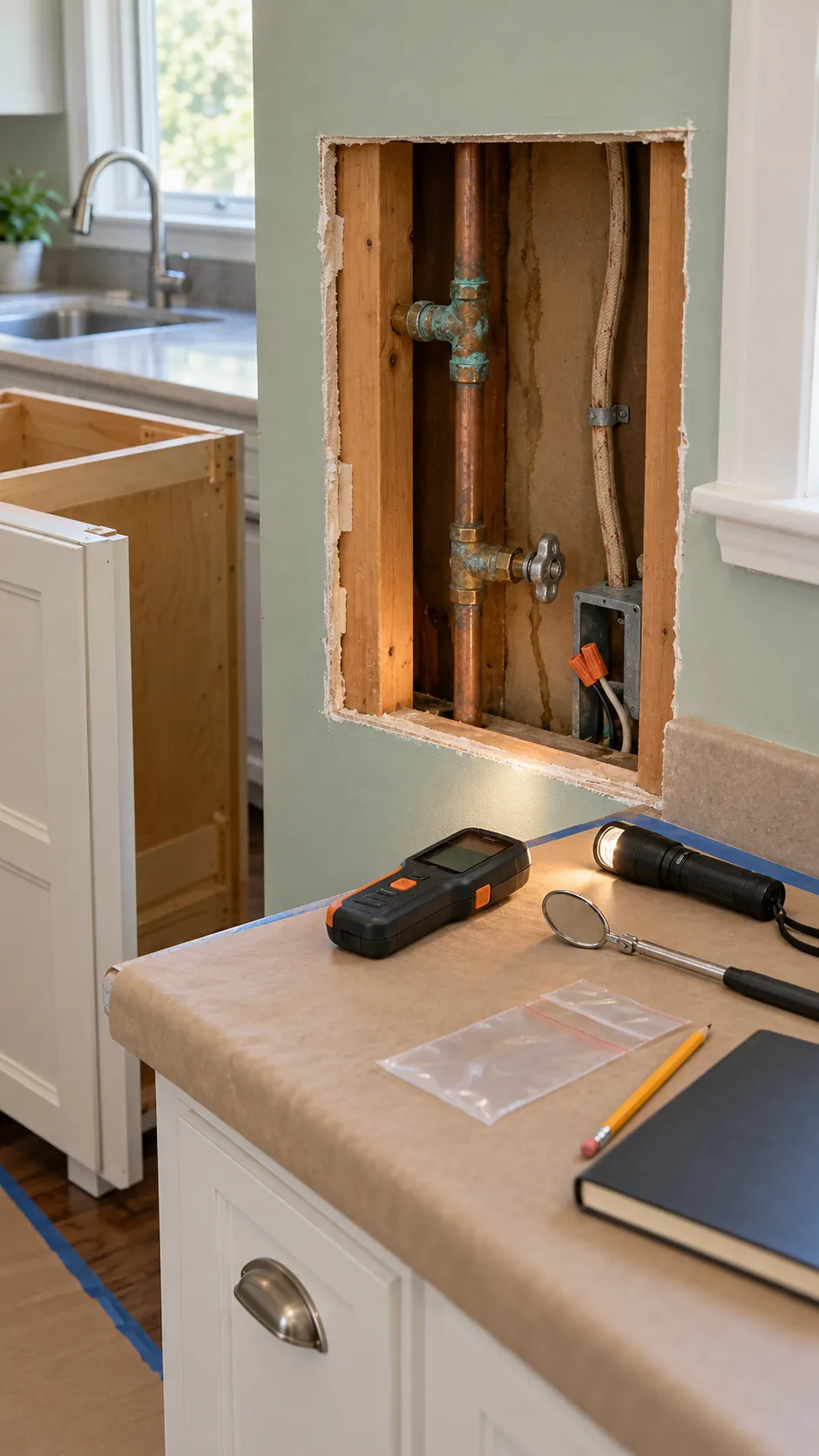 Small kitchen renovation contingency planning with open wall inspection