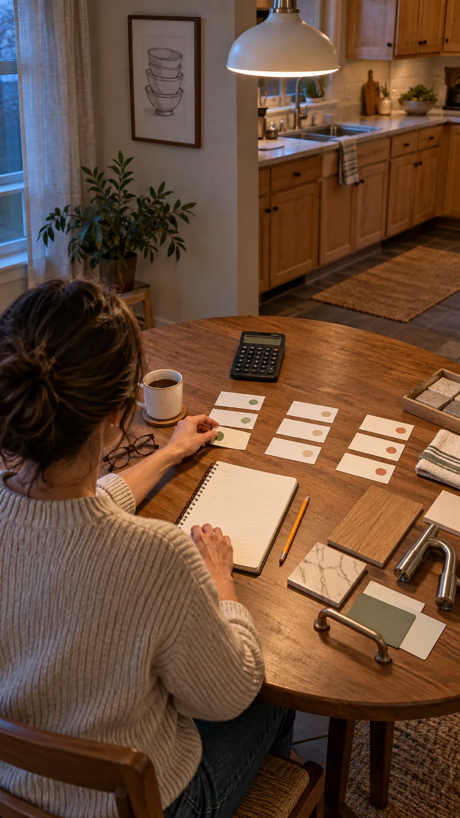 Homeowner building a working small kitchen remodel budget with samples