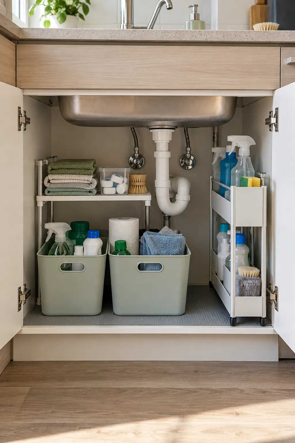 No drill under sink organizers in a small apartment kitchen