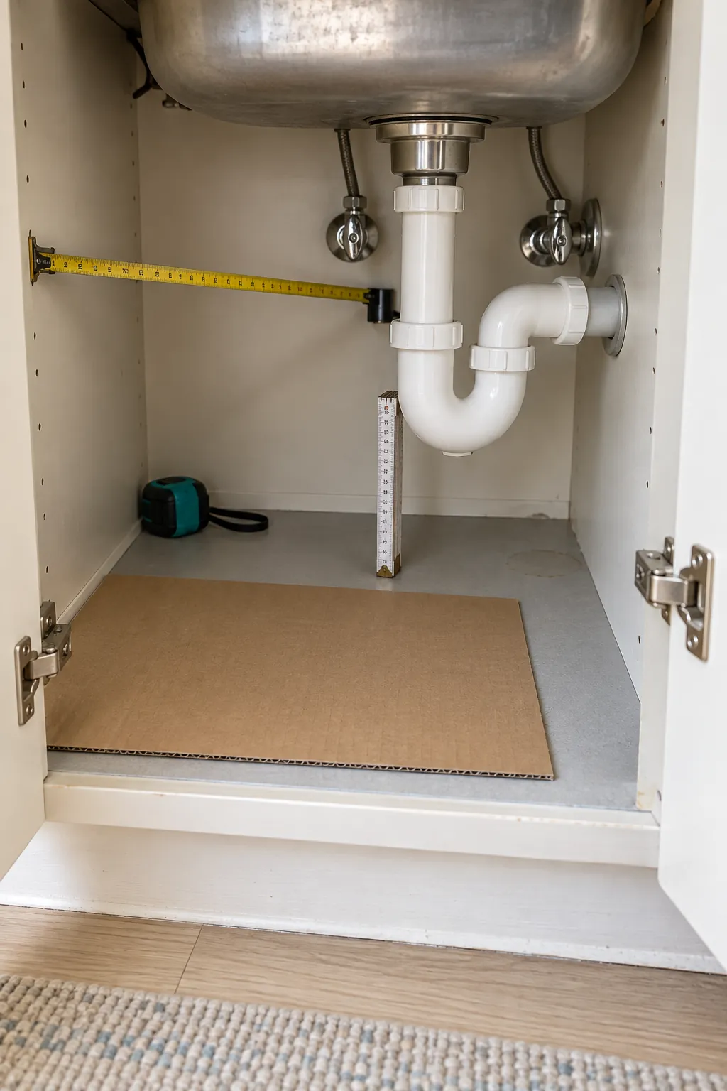 Measured clear zones around plumbing in a small under sink cabinet