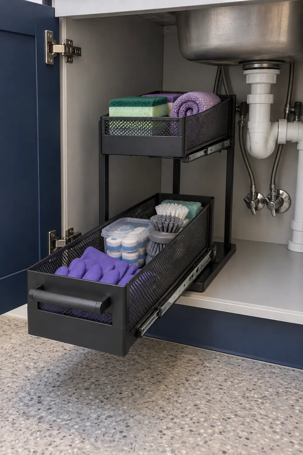 Narrow freestanding pullout drawer beside an under sink drain