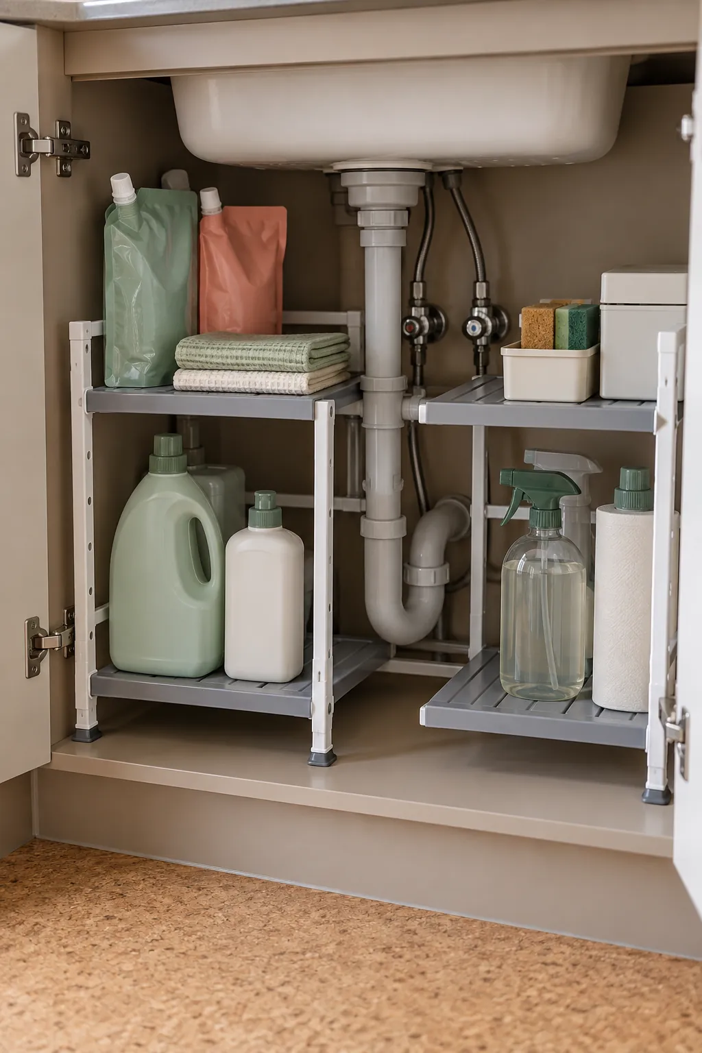 Adjustable split shelf fitted around kitchen sink plumbing