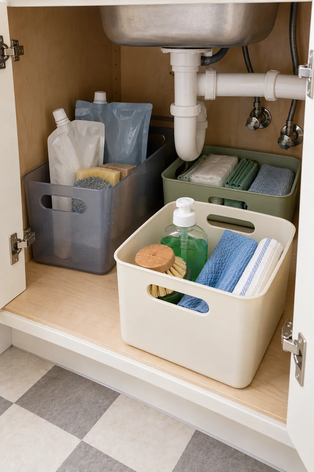 Handled bins organizing renter friendly supplies below a kitchen sink