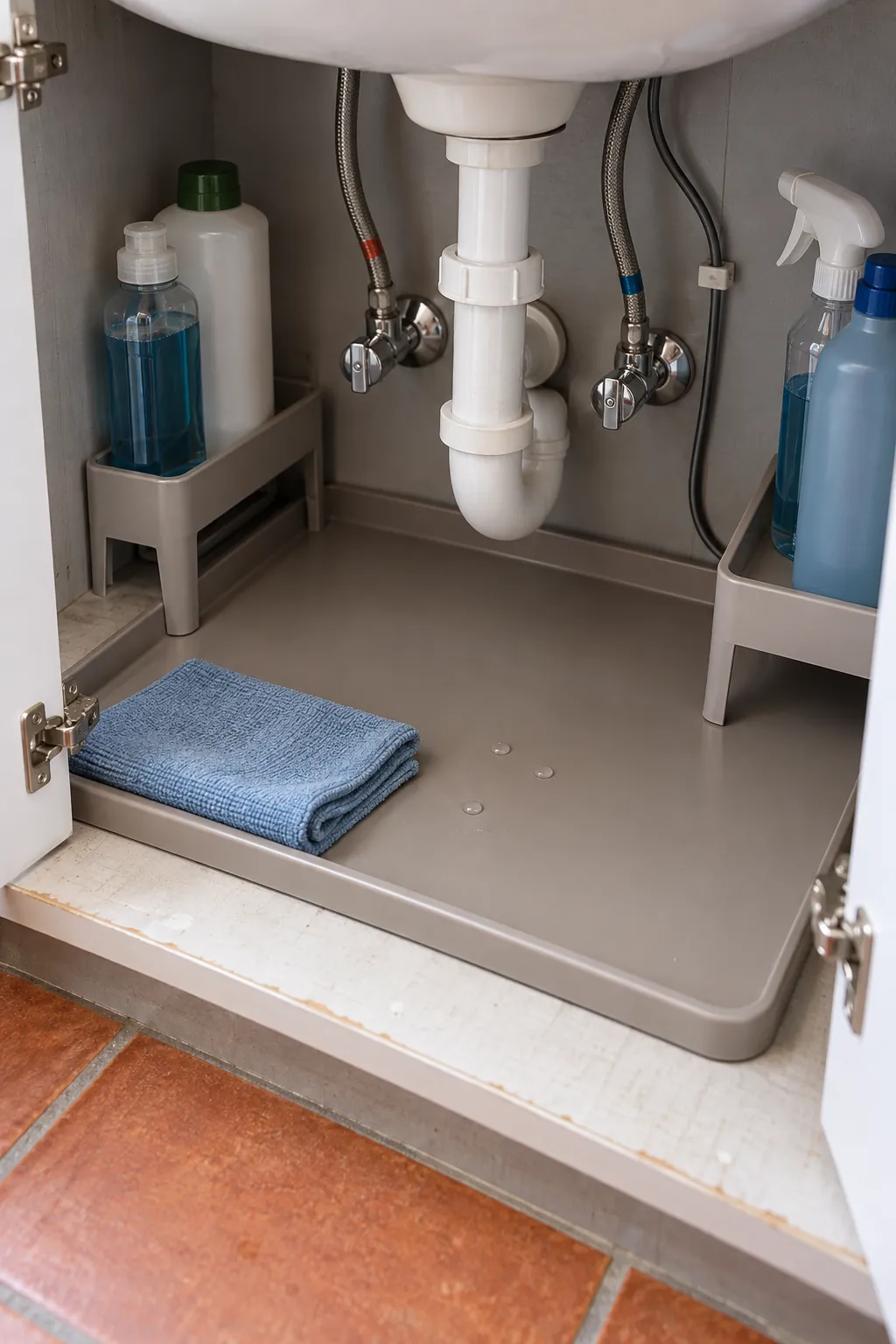 Leak safe under sink storage with a removable tray and open plumbing access