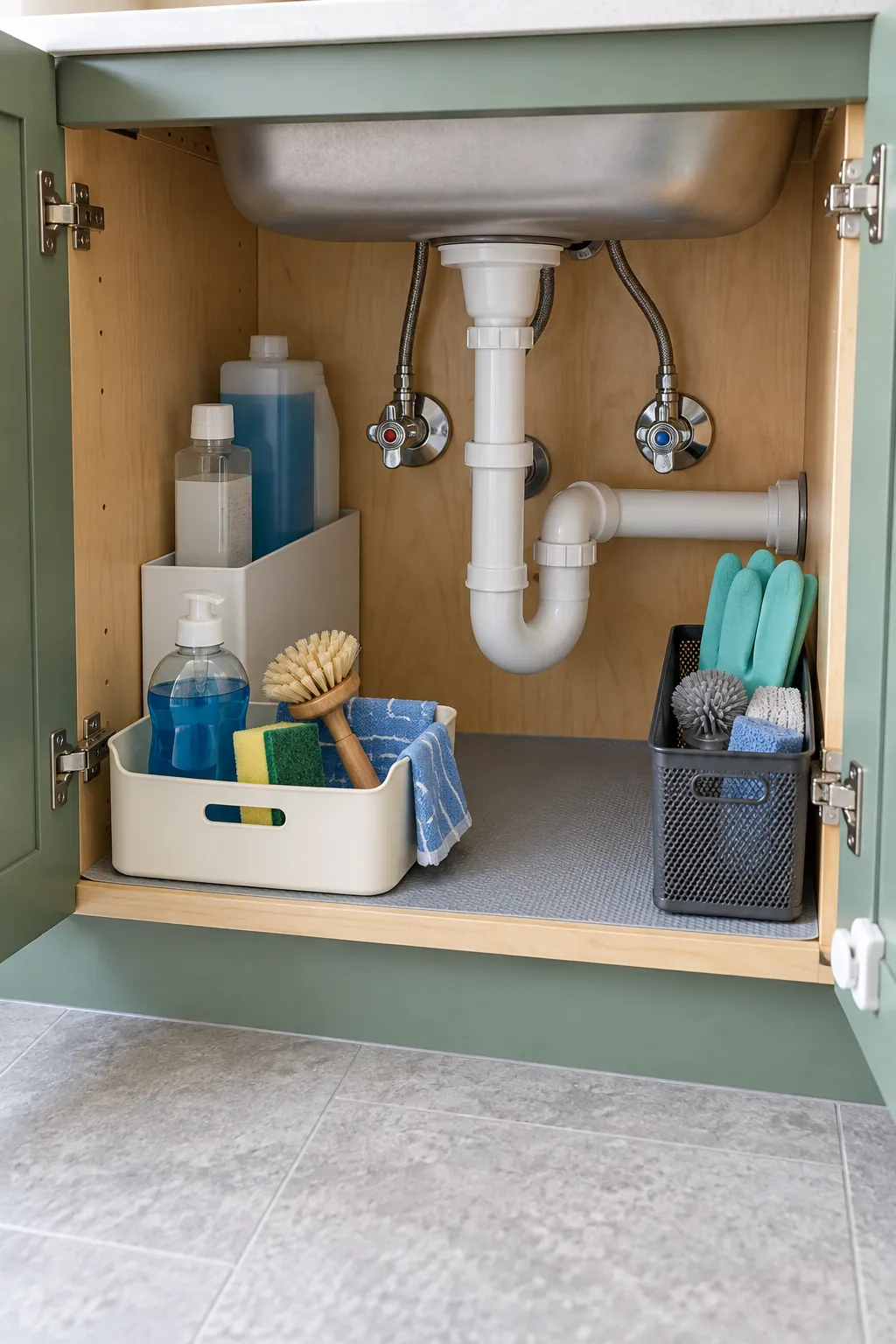 Practical daily use layout in a small apartment sink cabinet