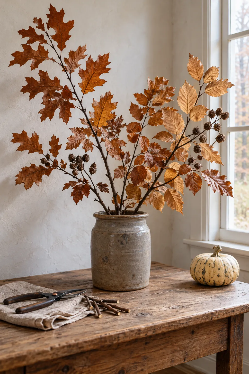 Foraged autumn branches arranged simply for Thanksgiving decor