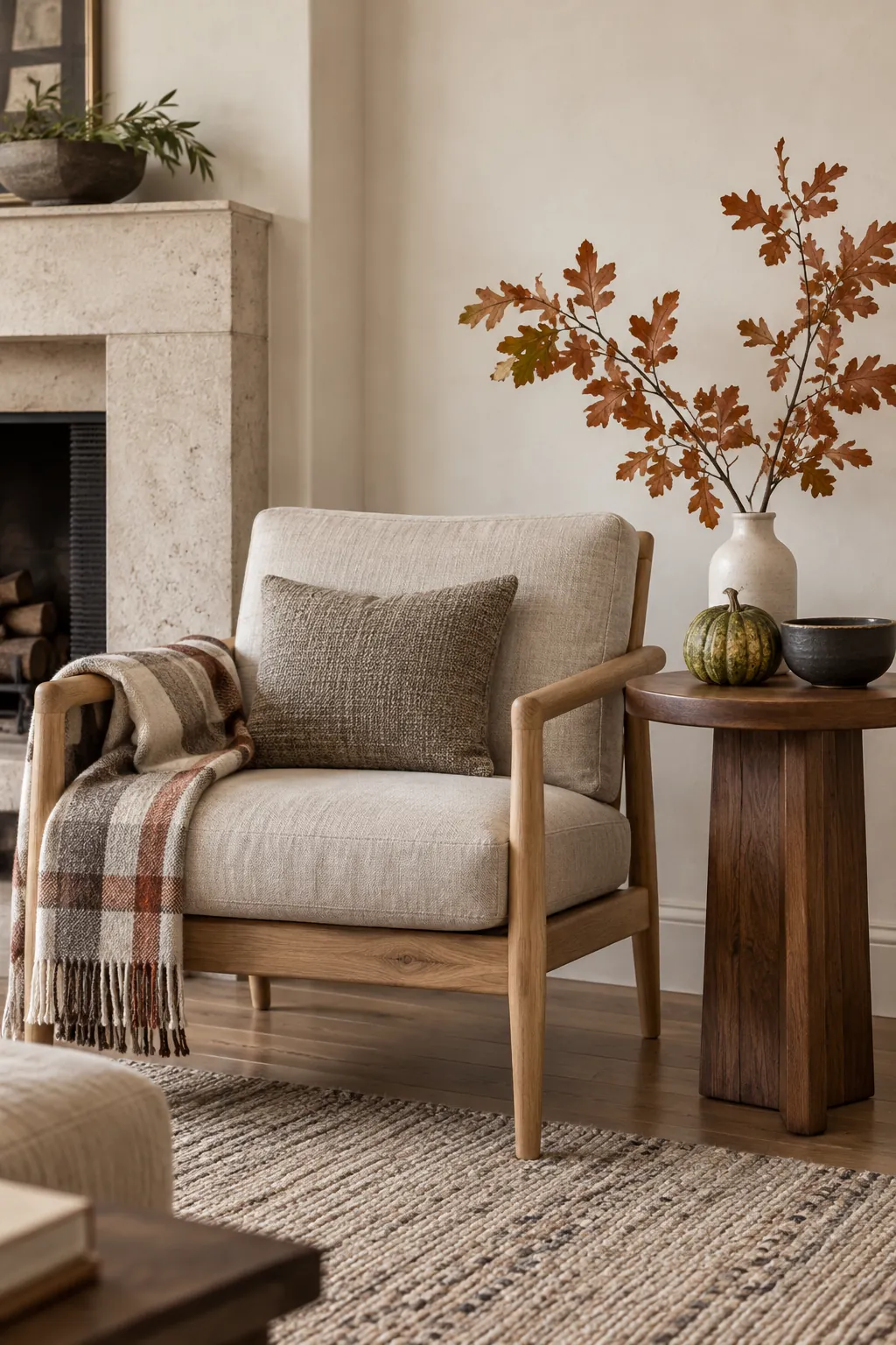 Warm natural Thanksgiving palette with wood linen and muted autumn colors