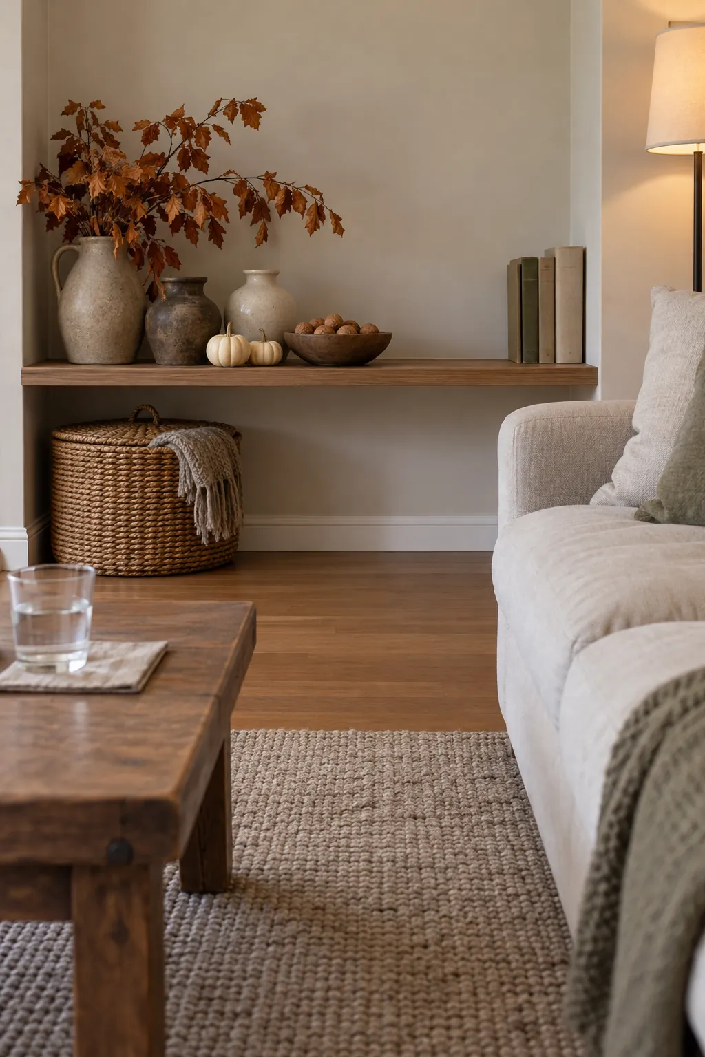 Natural Thanksgiving decor concentrated on a living room shelf
