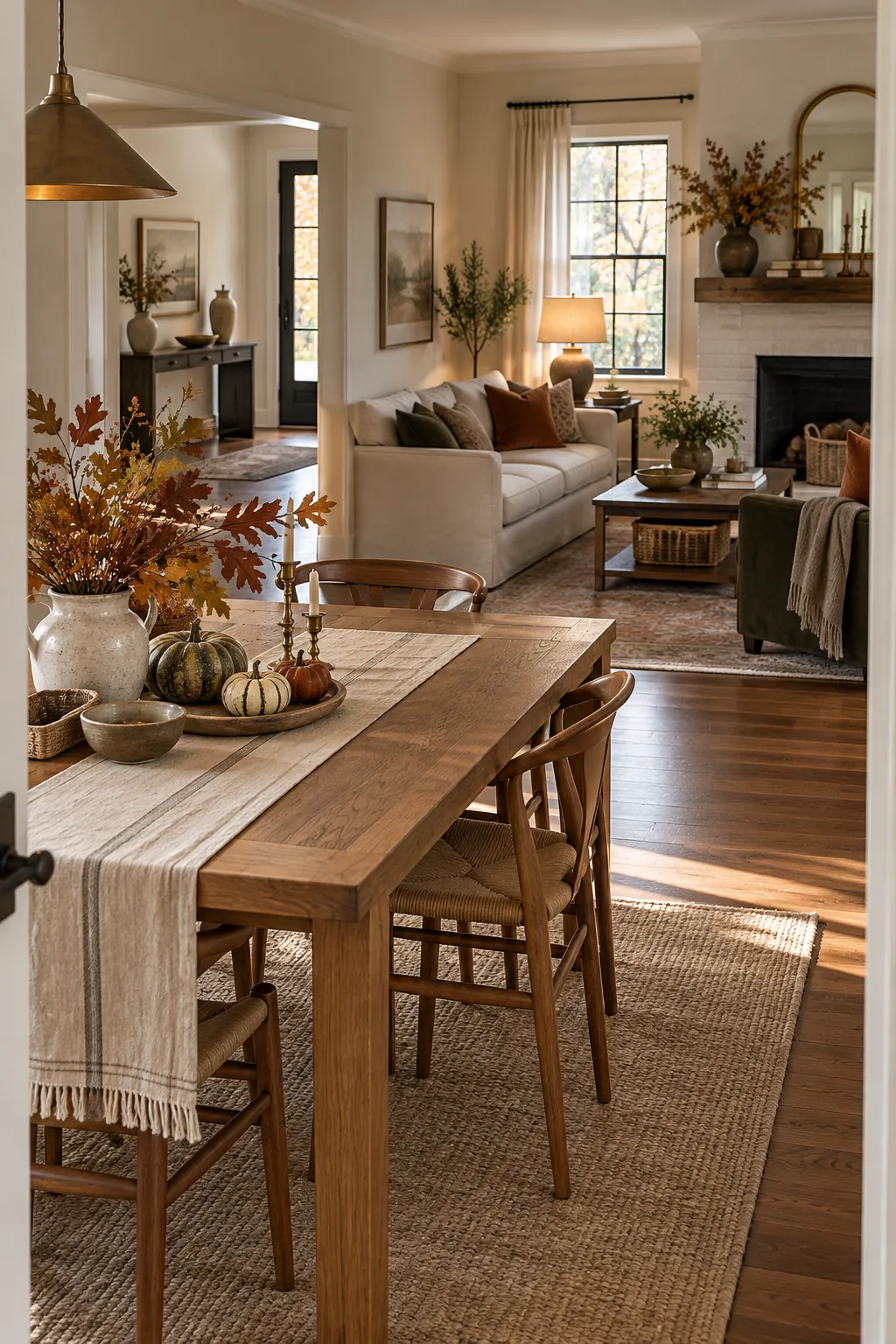 Warm natural home decorated simply for Thanksgiving