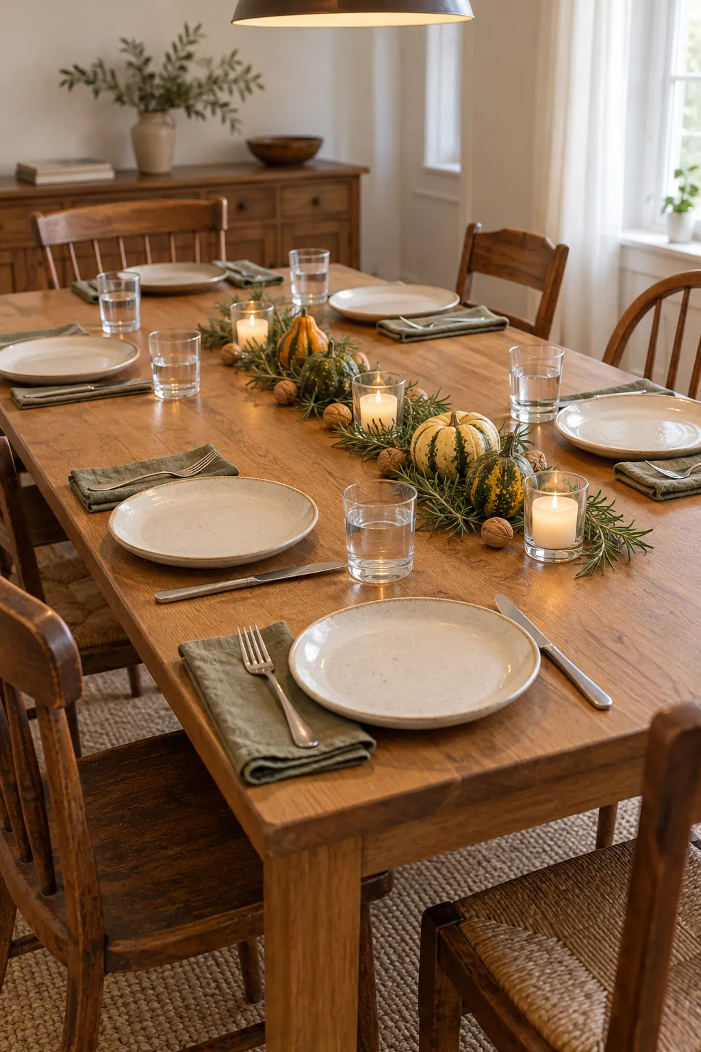 Low natural Thanksgiving table centerpiece with room for serving dishes
