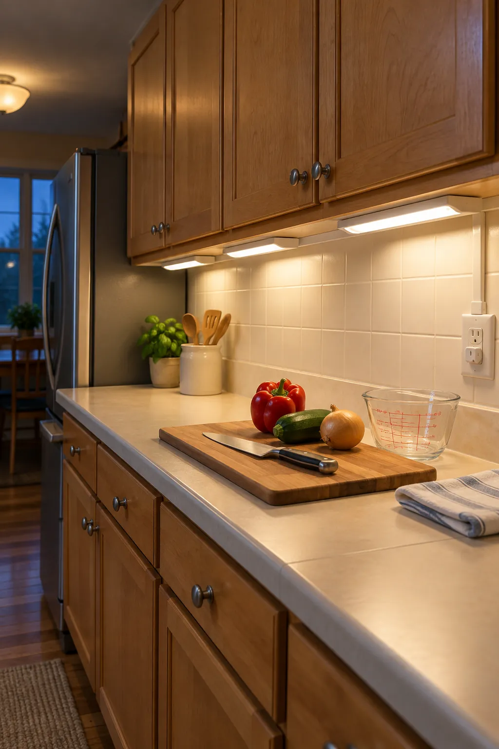 Warm under cabinet task lighting improving a modest kitchen worktop