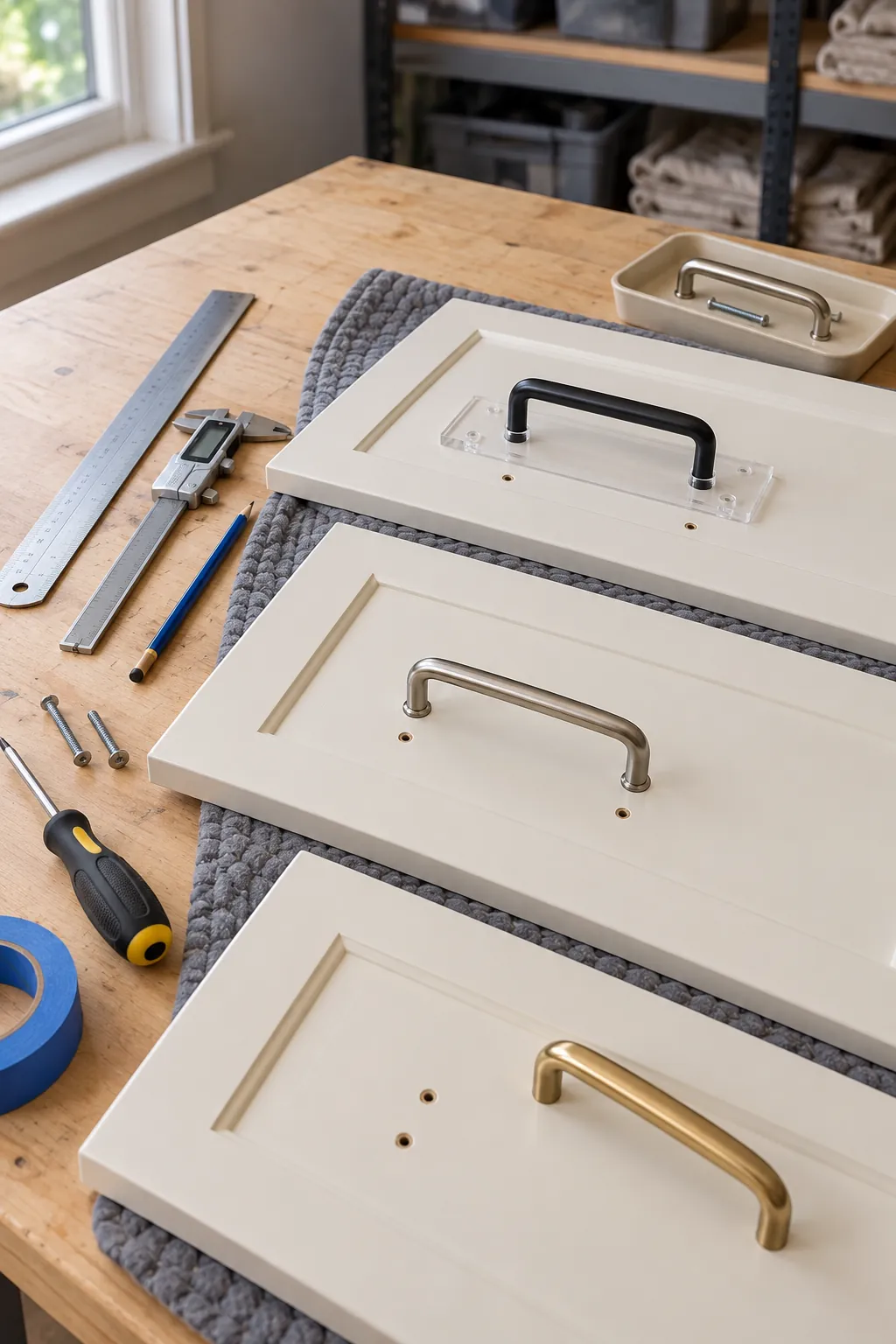Cabinet doors with practical new handles being compared for fit