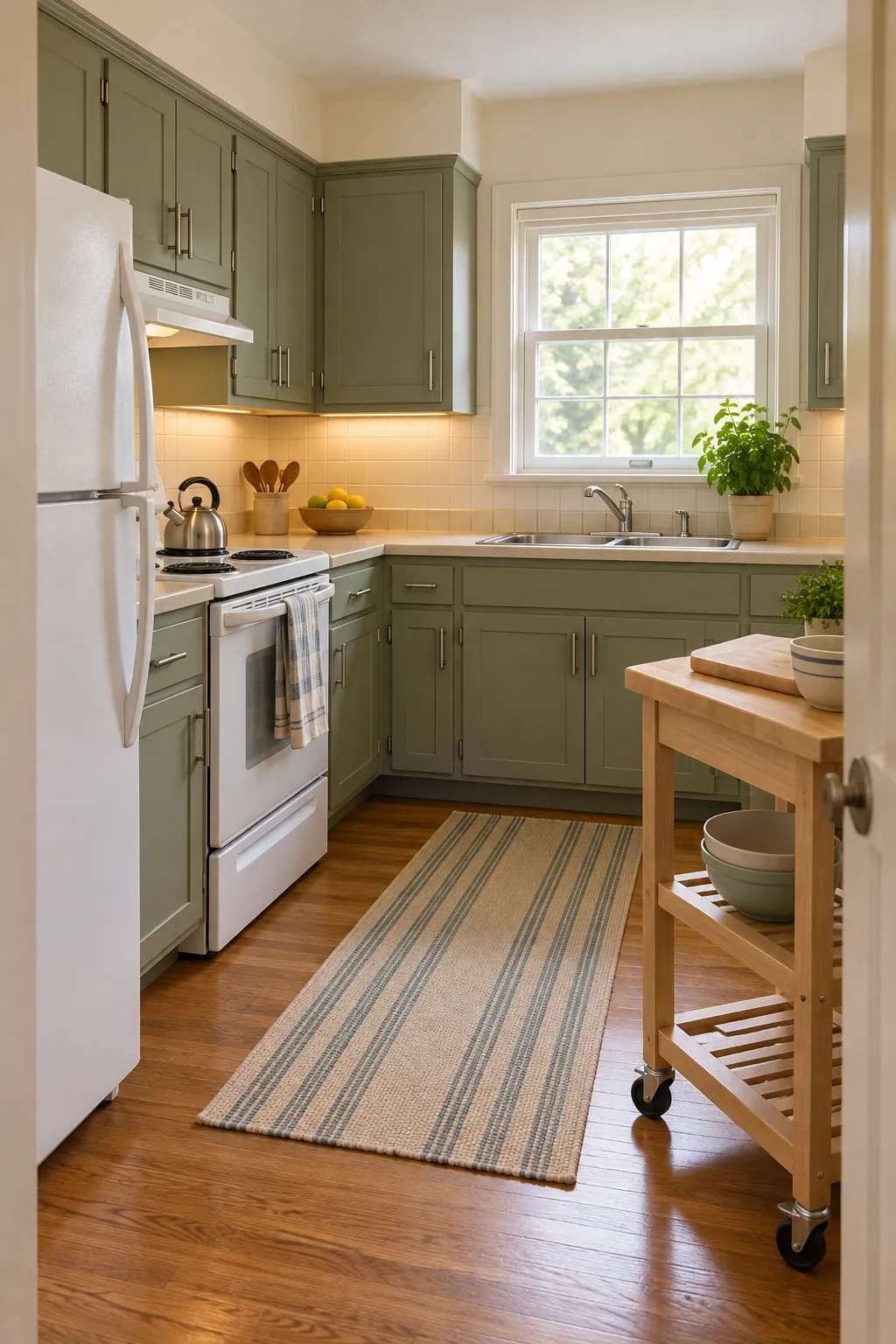 Warm modest kitchen refreshed with paint lighting hardware and a small cart