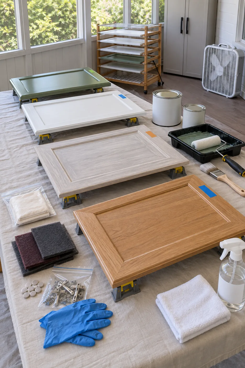 Cabinet door preparation supplies arranged in a ventilated work area
