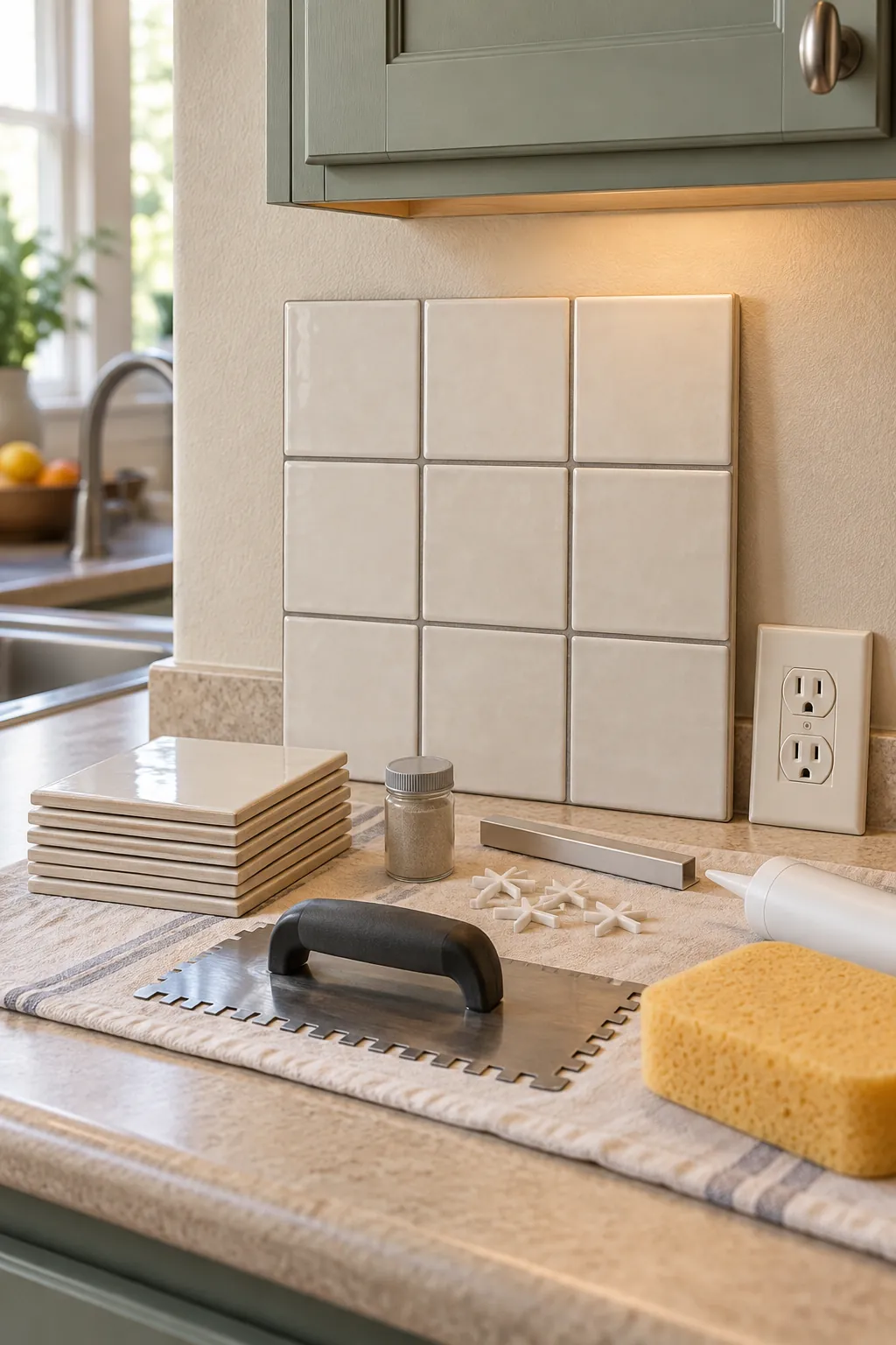 Simple ceramic backsplash sample tested against an existing kitchen counter