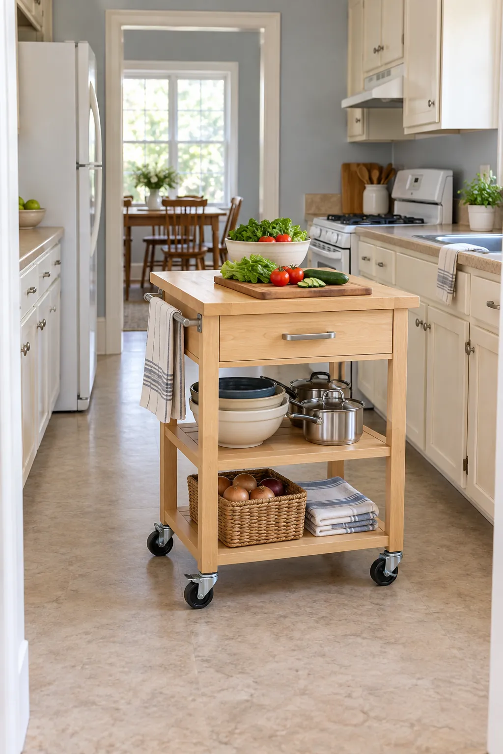 Compact movable kitchen cart adding safe preparation and storage space