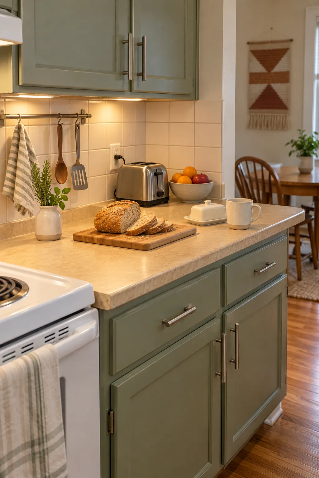 Finished modest kitchen refresh with coordinated paint lighting hardware and storage