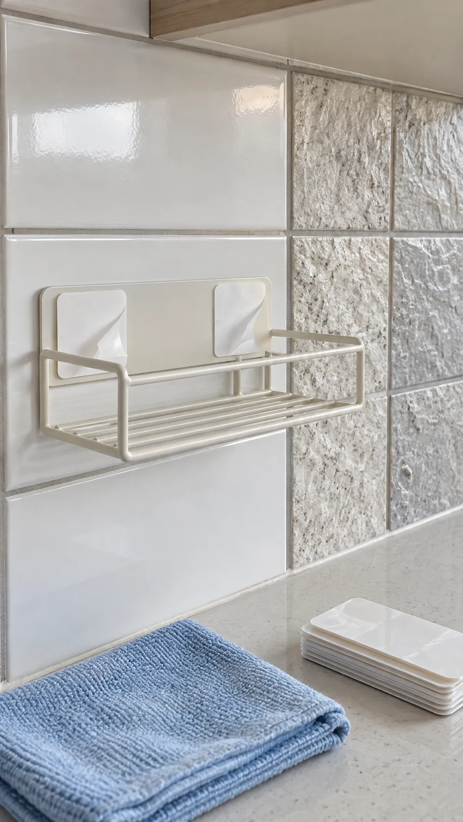 Smooth tile and textured tile checked before mounting an adhesive spice rack