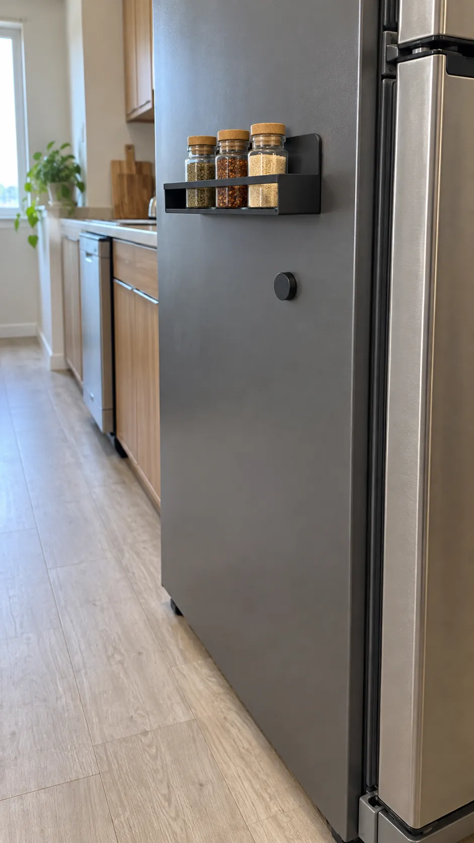 Magnetic spice rack tested on the side of a rental kitchen refrigerator