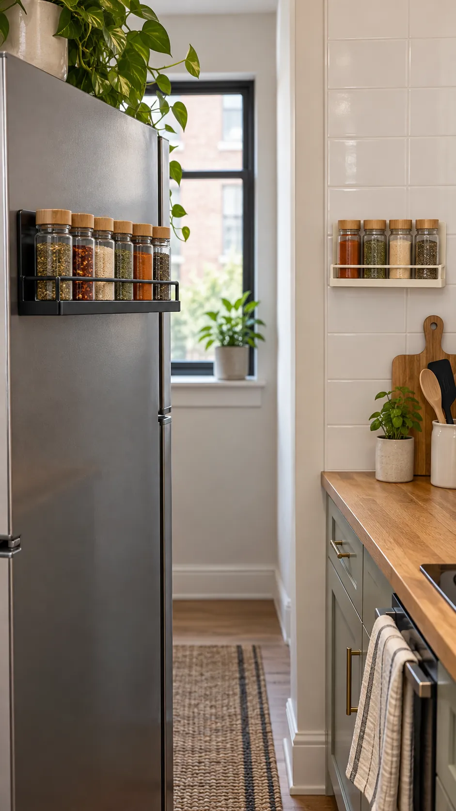 Magnetic and adhesive spice racks in a small rental kitchen