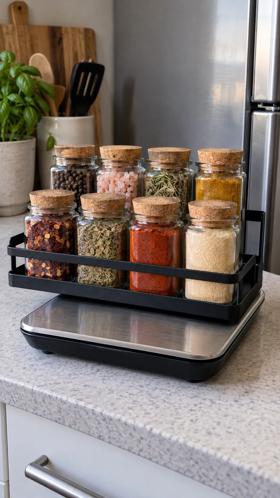Loaded magnetic spice shelf weighed before use in a small kitchen