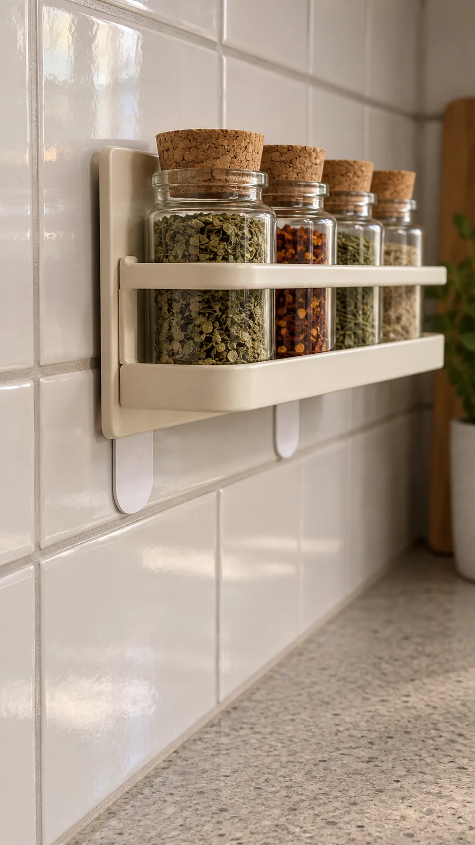 Accessible removal tab behind an adhesive kitchen spice rack