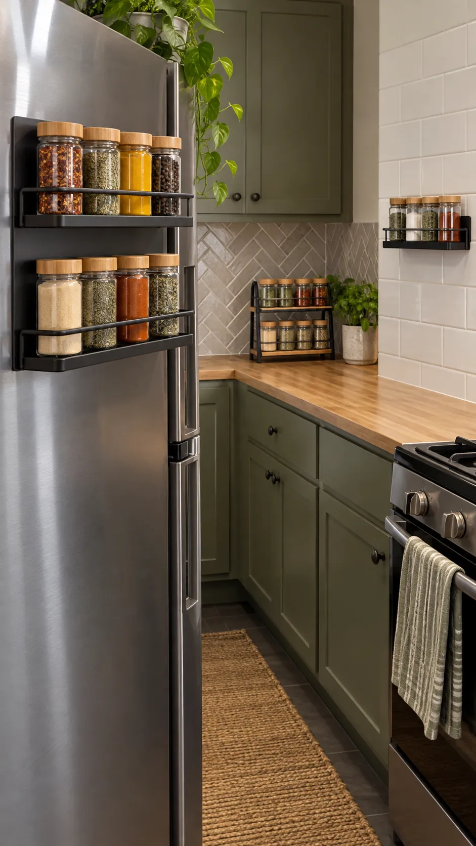 Magnetic and adhesive spice rack options compared in a rental kitchen
