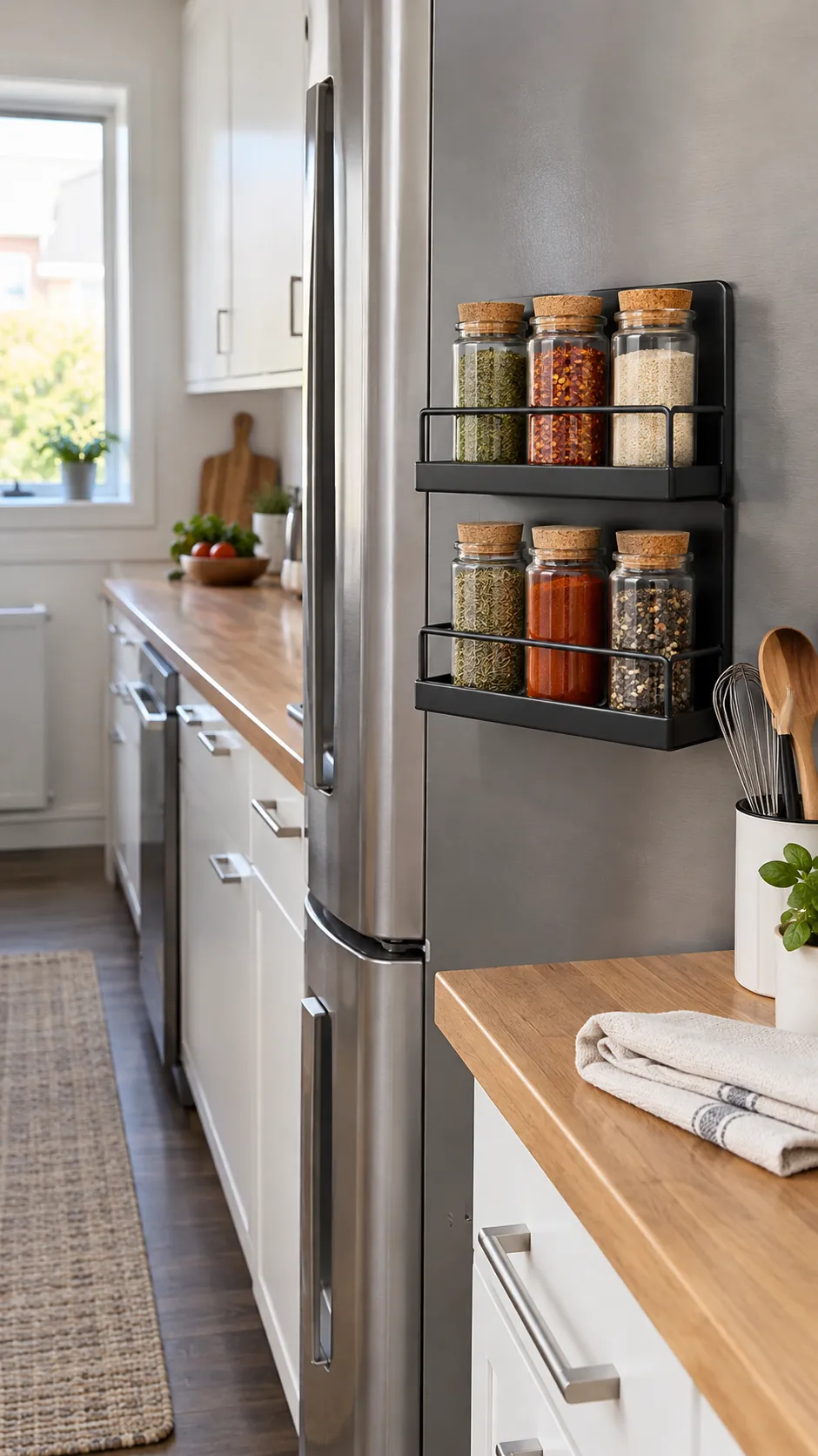 Easy access spice storage in a narrow rental kitchen preparation zone