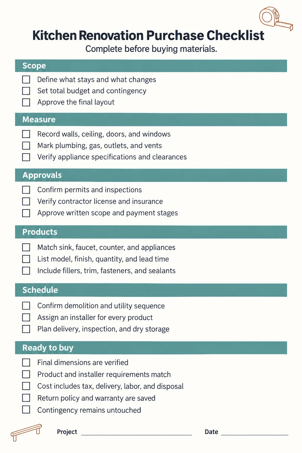 Printable kitchen renovation planning checklist before buying materials