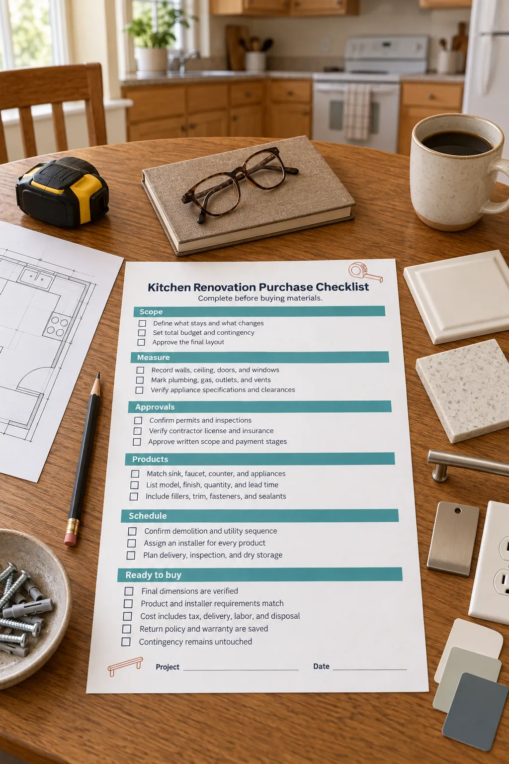 Kitchen renovation checklist on a planning desk with material samples