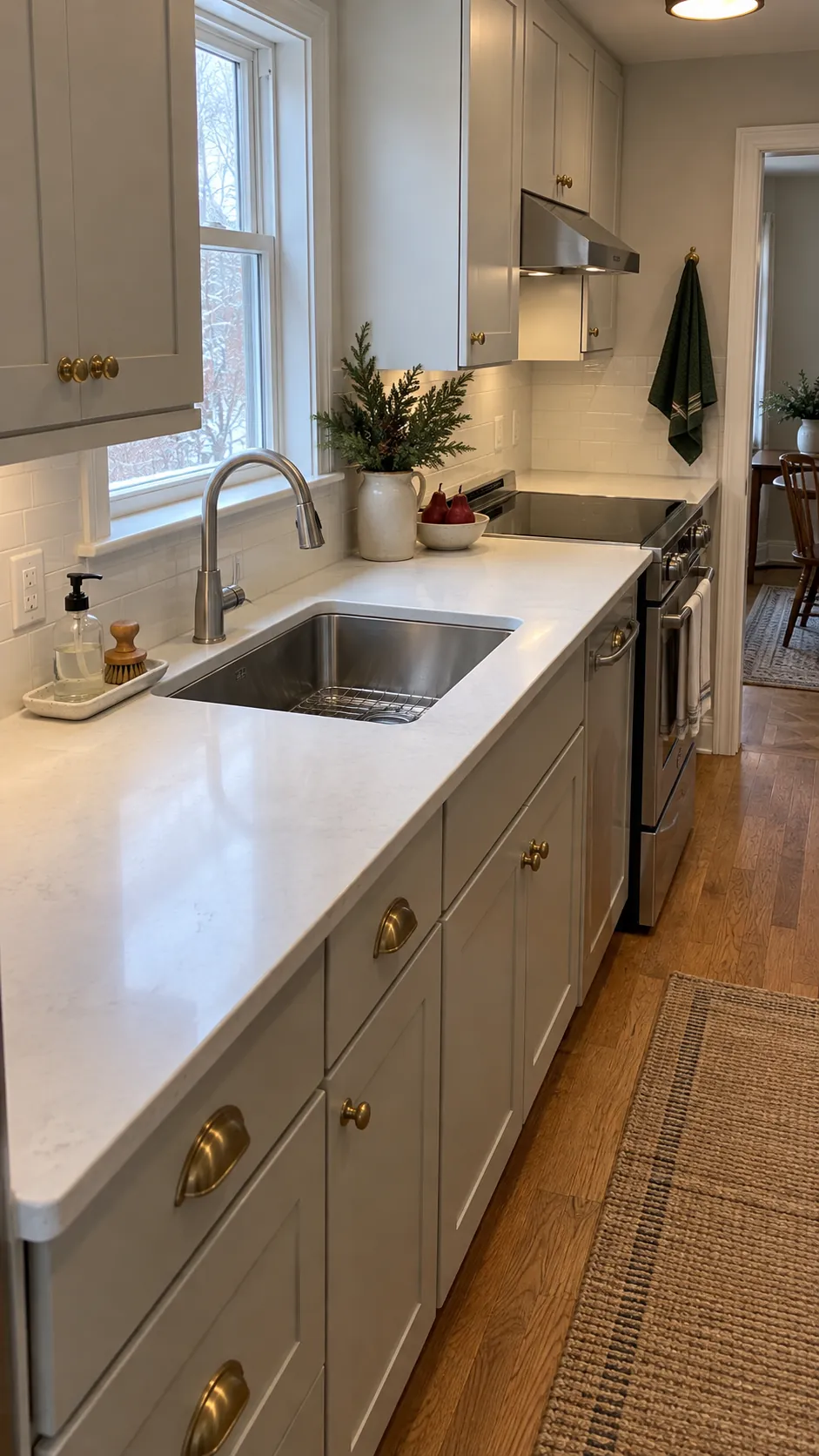 Holiday kitchen with clear counters beside the sink and stove
