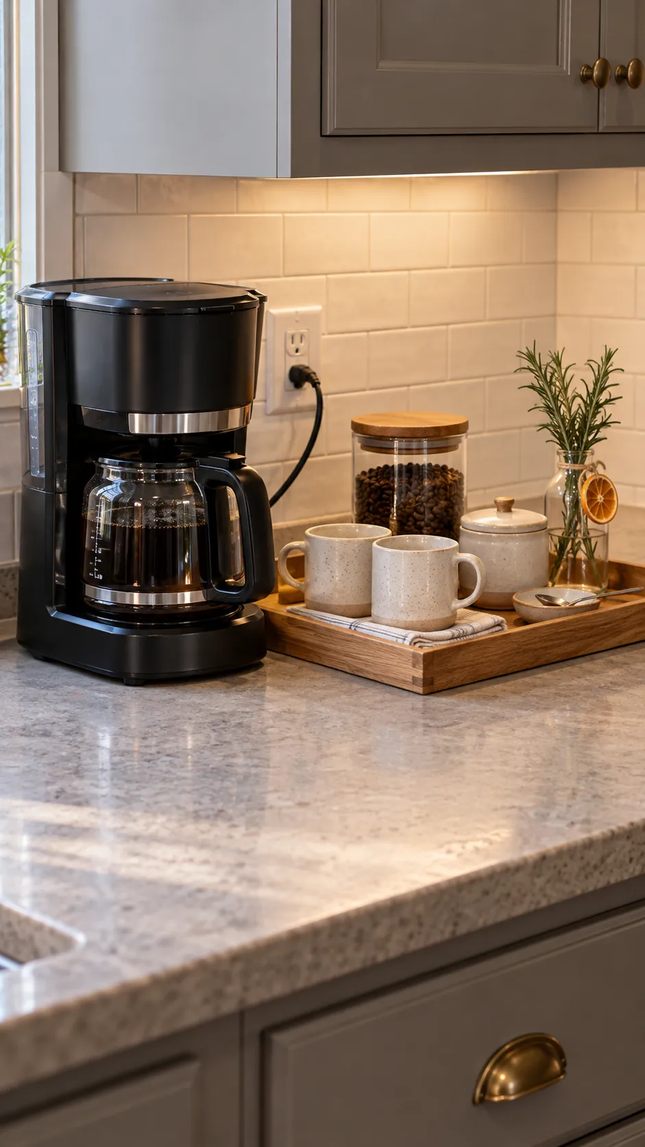 Compact holiday coffee station arranged on one practical tray