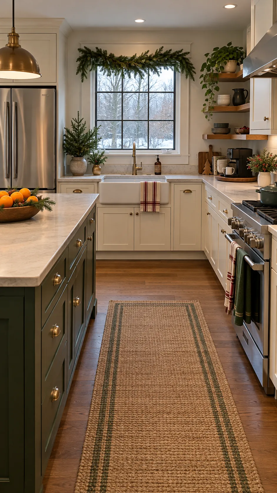 Functional holiday kitchen with clear counters and simple greenery