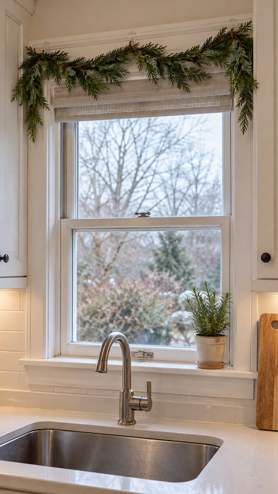 Simple holiday greenery above a bright kitchen window