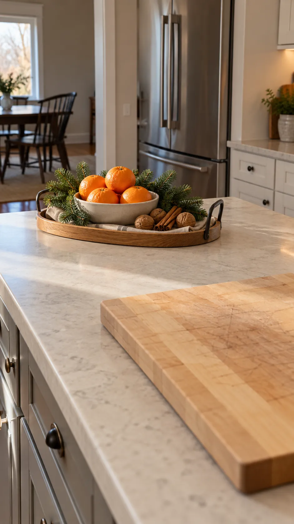 Low movable holiday centerpiece on a kitchen island tray