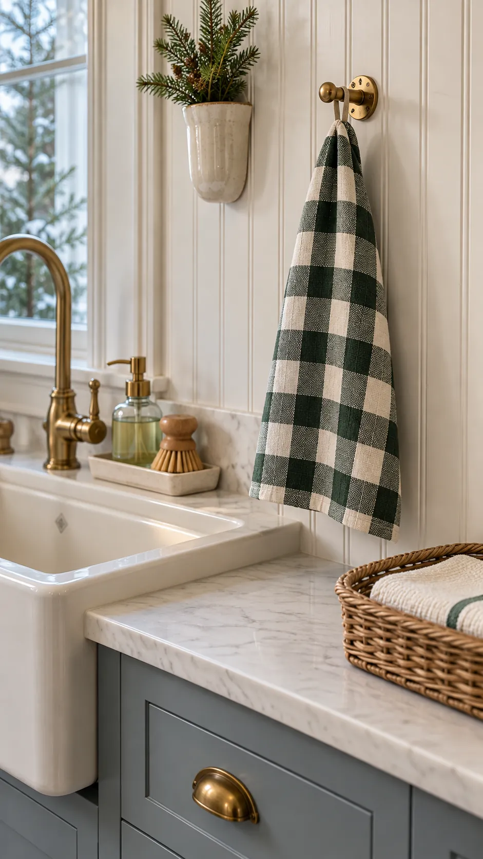 Useful winter tea towel hanging safely near a kitchen sink