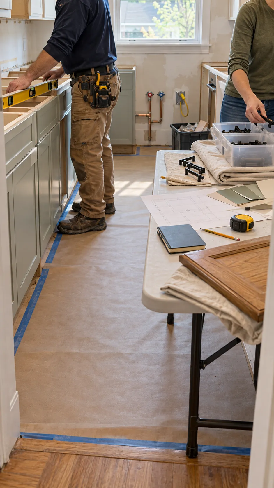 Homeowner and contractor coordinating a practical kitchen remodel