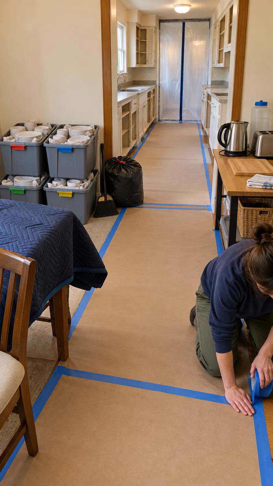 Organized kitchen clearing and floor protection before contractor work