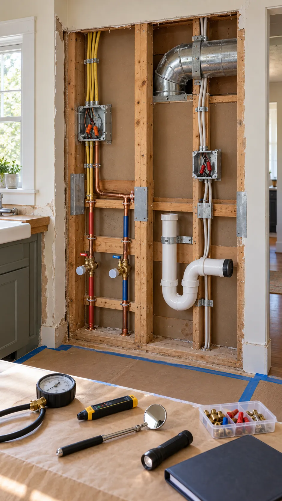 Licensed kitchen electrical and plumbing rough work prepared for inspection