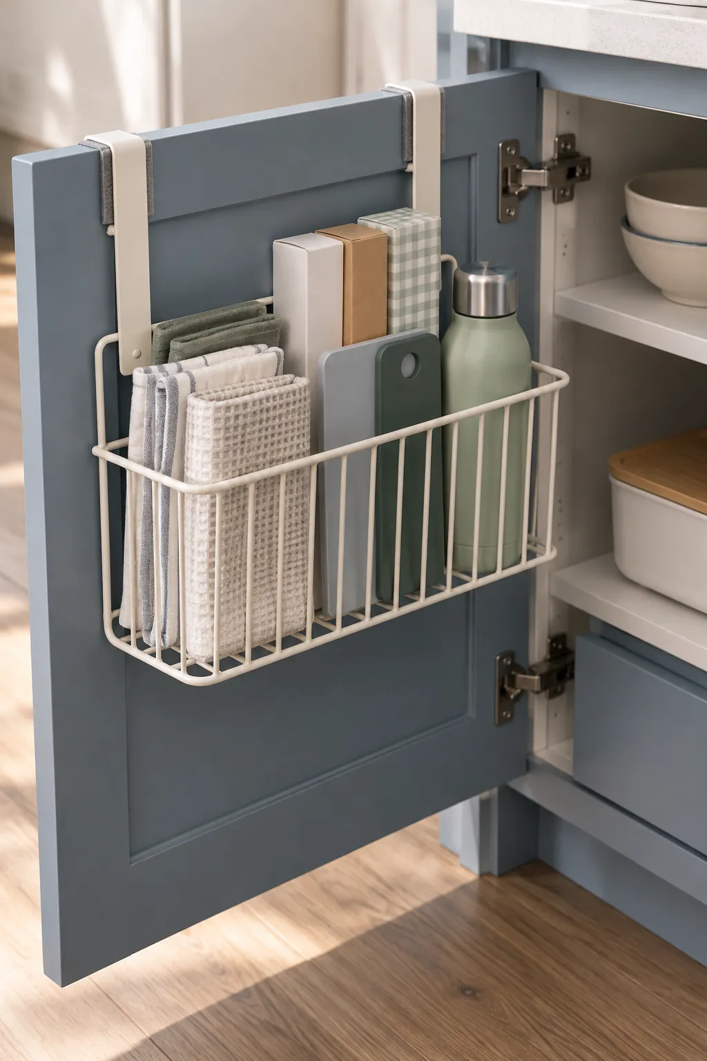 Light daily supplies in an over cabinet door organizer