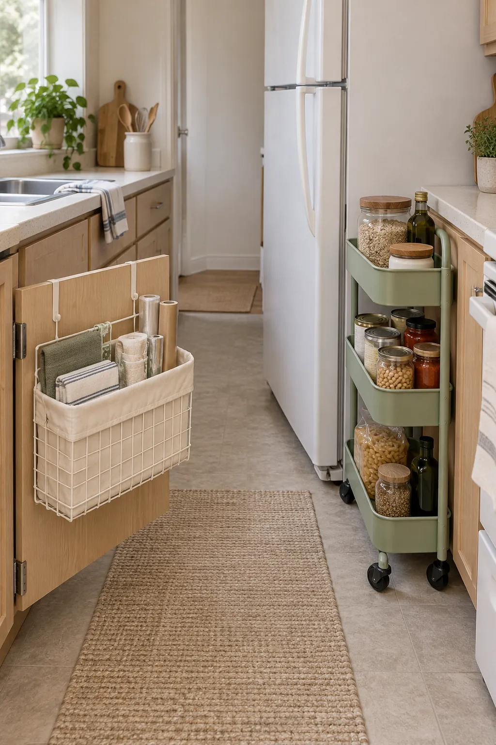 Over cabinet door organizer and slim rolling cart in a small kitchen