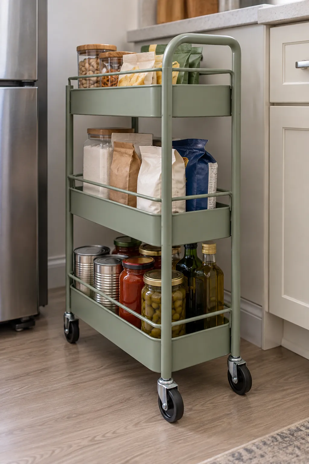 Slim rolling cart storing pantry overflow in a small apartment kitchen