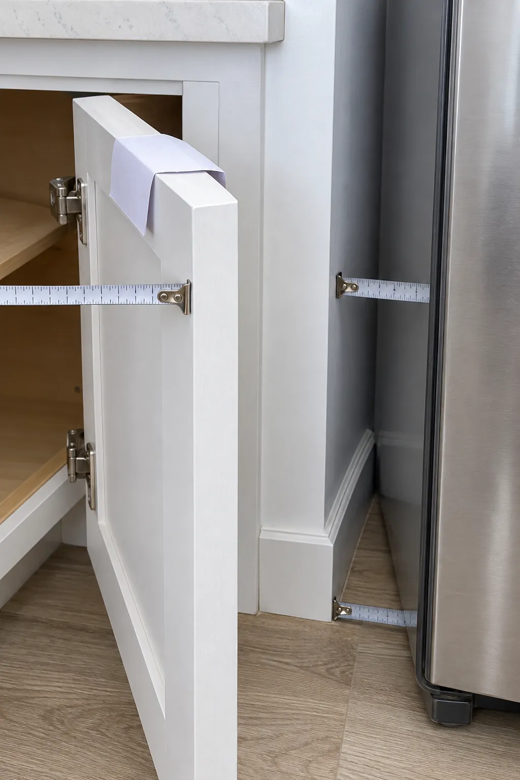Cabinet door and narrow kitchen gap measured for renter storage