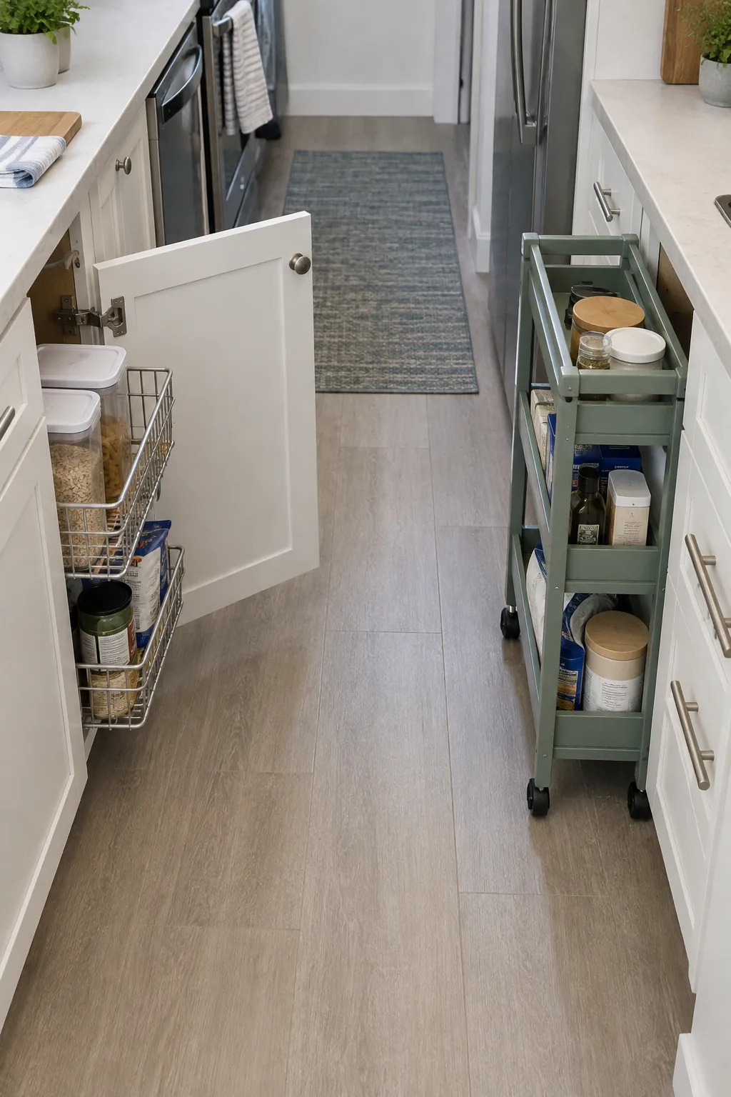 Door organizer and rolling cart access tested in a narrow kitchen lane