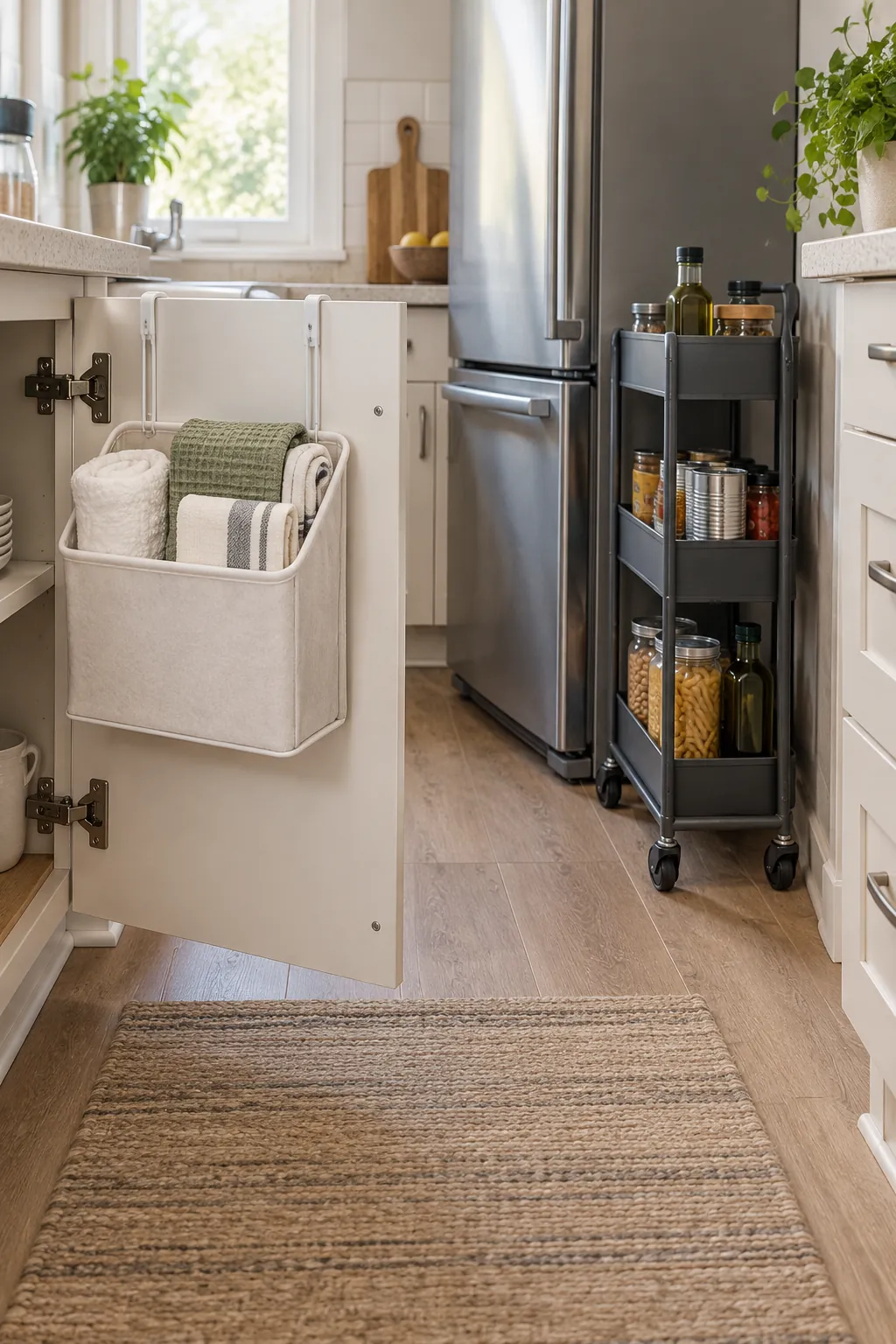 Over door basket and slim rolling cart compared for a small kitchen