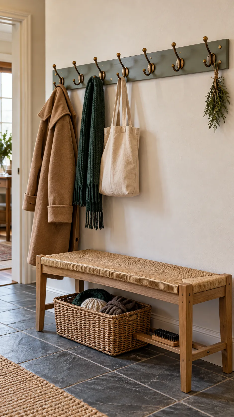 Entryway hooks cleared for Christmas guests with a basket below