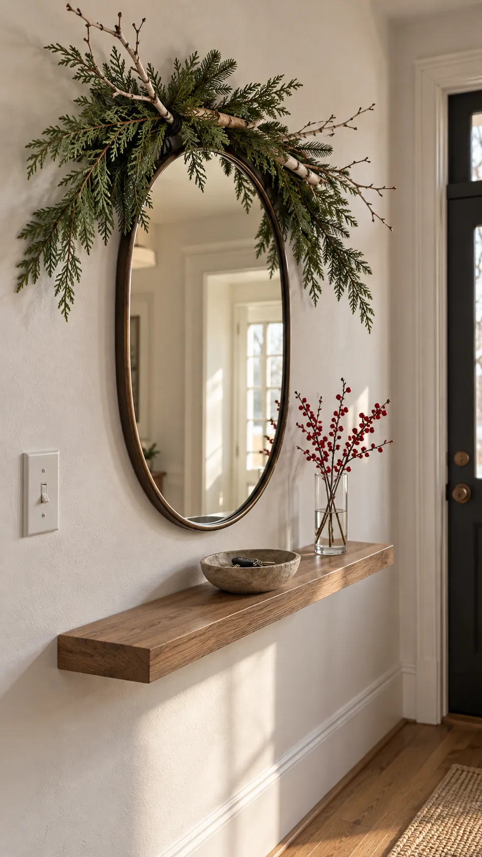 Simple Christmas greenery secured above an entryway mirror